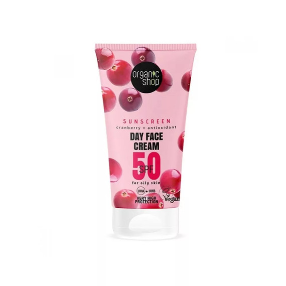 Organic Shop fényvédő nappali arckrém áfonyával SPF50 (zsíros bőrre), 50 ml